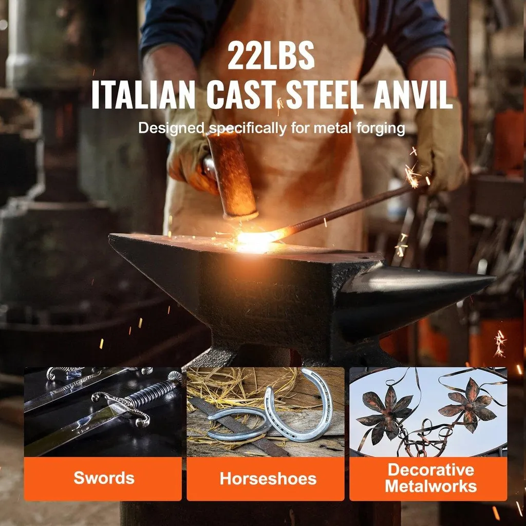 Incudine a corno singolo, incudine in acciaio fuso da 22 libbre, incudine a corno rotondo robusta e ad alta durezza per fabbri, ampio piano di lavoro e base stabile, con foro rotondo e quadrato, utensile per fabbri per piegare e modellare - 6