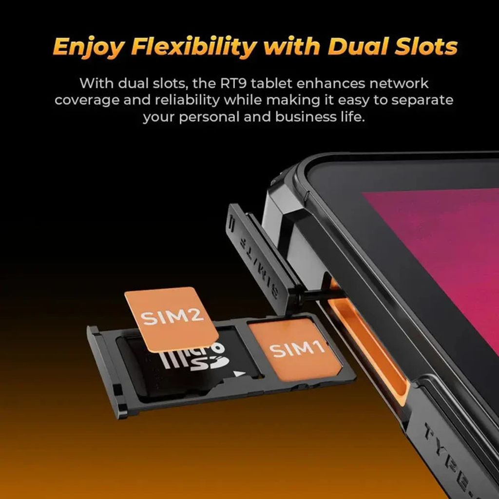 Close-up of a tablet's dual SIM card tray being inserted, with text highlighting the feature.
