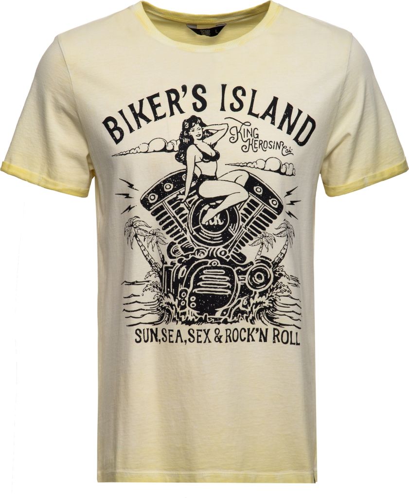 KING KEROSIN Roll-Up T-Shirt Pin Up Print Bikers Island Gelb S
