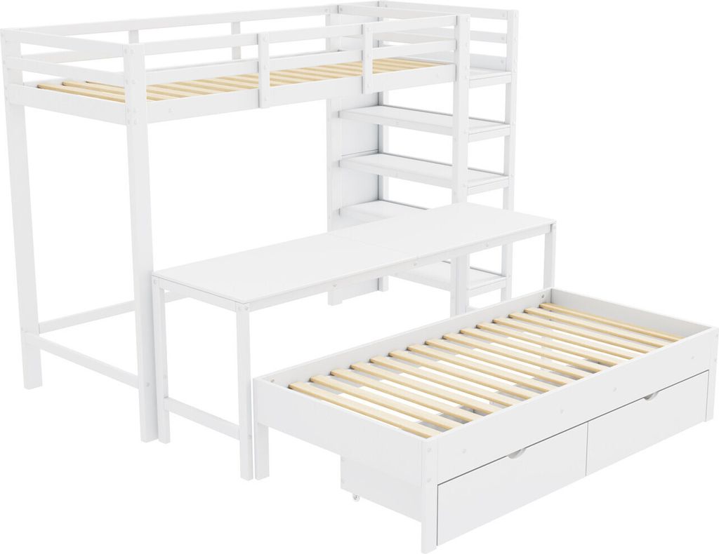 Kinder-Etagenbett,Doppelbett,multifunktionales Kinderbett,mit Leiter,Tisch mit Aufbewahrungsschubladen,mit Aufbewahrungsregal,Massivholz
