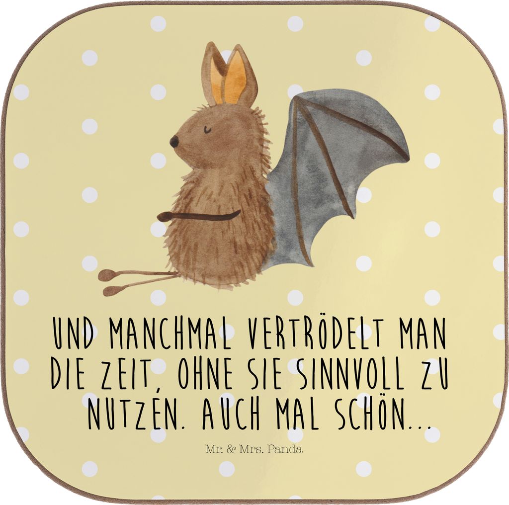 Mr. & Mrs. Panda Tischuntersetzer Fledermaus Sitzen - Gelb Pastell - Geschenk, Untersetzer für Gläser, Holzuntersetzer, Fledermäuse, Lustige Spr...