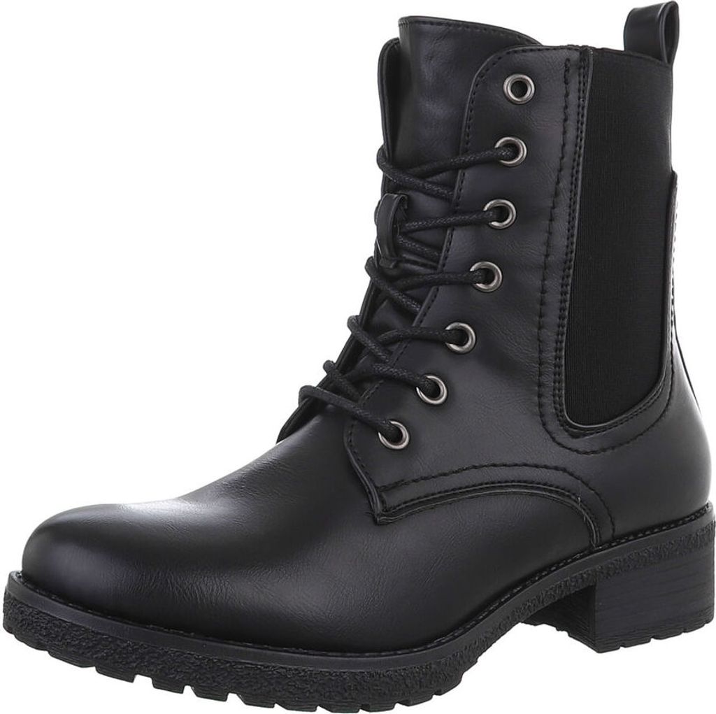 Ital-Design Damen Stiefeletten Schnürstiefeletten Leicht gefüttert Textiloptik, Lederoptik Flache Stiefeletten 87740317 Schwarz Gr. 37