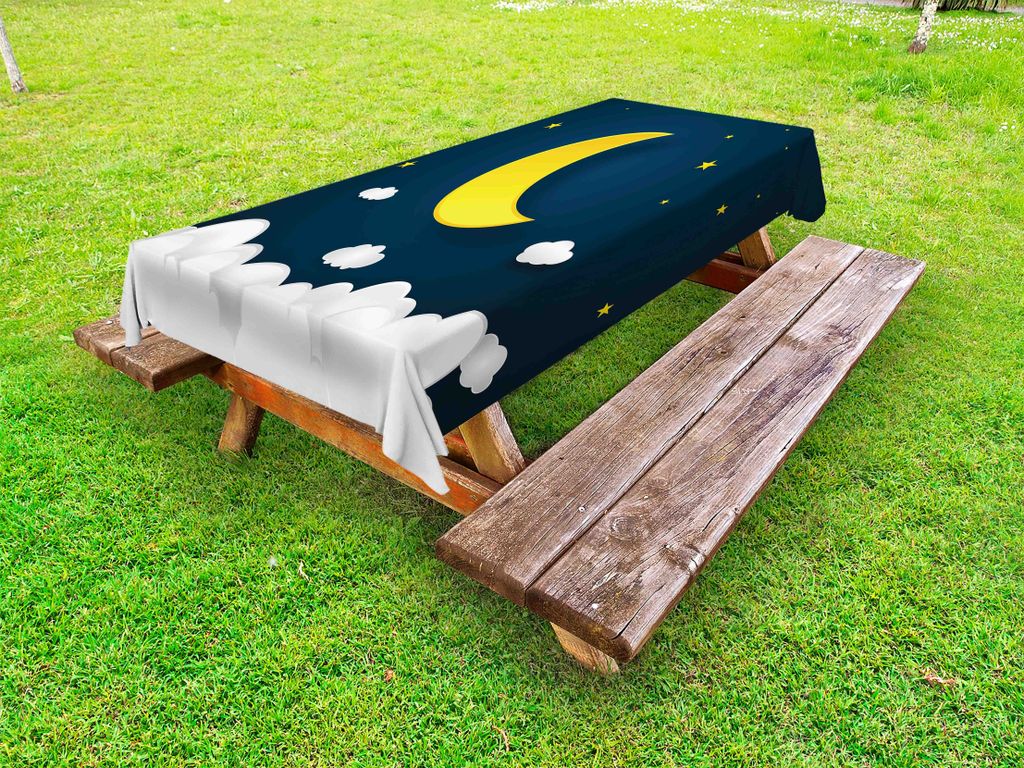 ABAKUHAUS Kindergarten Tischdecke Outdoor, Karikatur-Entwurfs-Nachthimmel mit Half Moon Wolken und Sterne Rahmen, Braun Gelb Dunkles Blaugrün, 145...