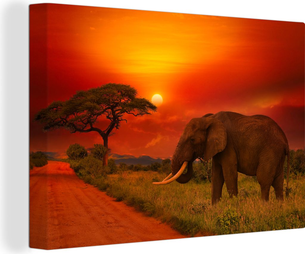 OneMillionCanvasses - Leinwandbilder - 140x90 cm, Elefant - Sonnenuntergang - Orange - Savanne - Tiere, Wandbilder Kunstdruck Wanddekoration - Fo...