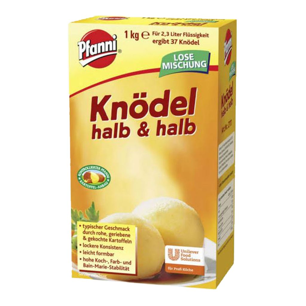 A product shot of a box of Pfanni Knödel halb & halb.