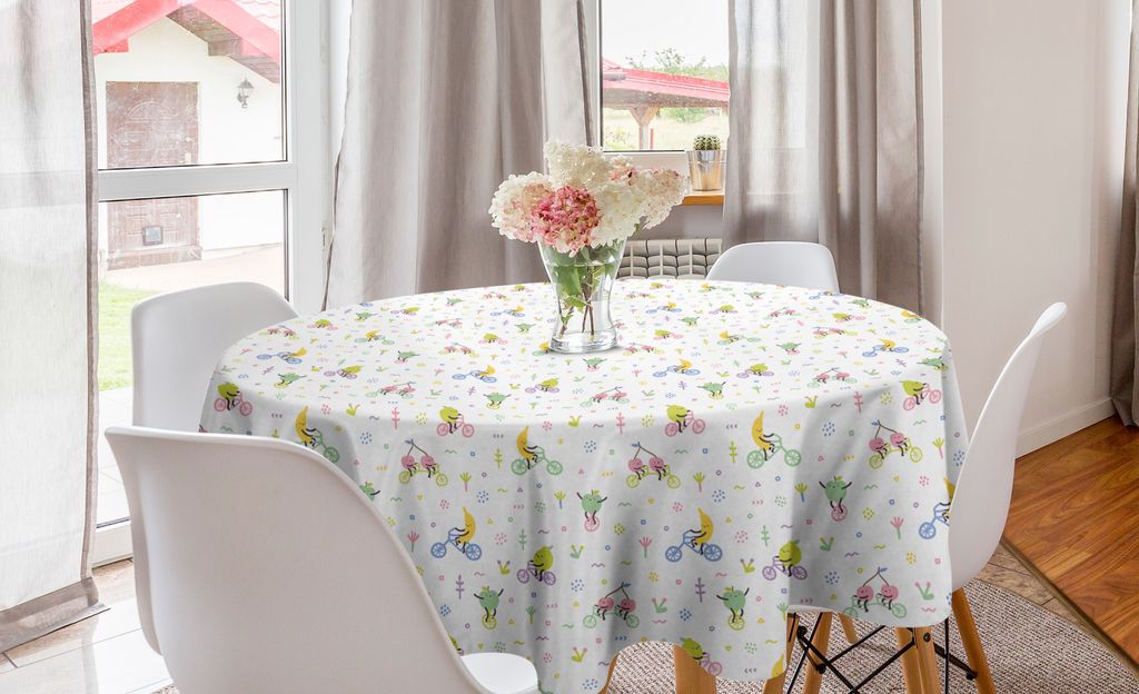 ABAKUHAUS Karikatur Runde Tischdecke, Skurril Früchte auf Bikes, Kreis Tischdecke Abdeckung für Esszimmer Küche Dekoration, 150 cm, weiß Multic...