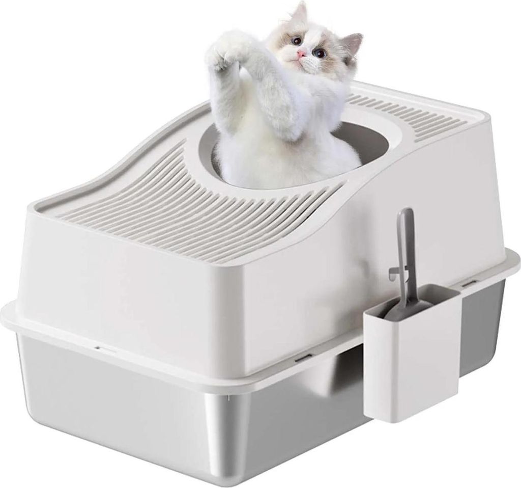 Katzentoilette/Katzenklo - Edelstahl - Halbgeschlossen Mit Deckel - Hohe Ränder - Mit Matte Und Schaufel - Boden 20 cm - Weiß