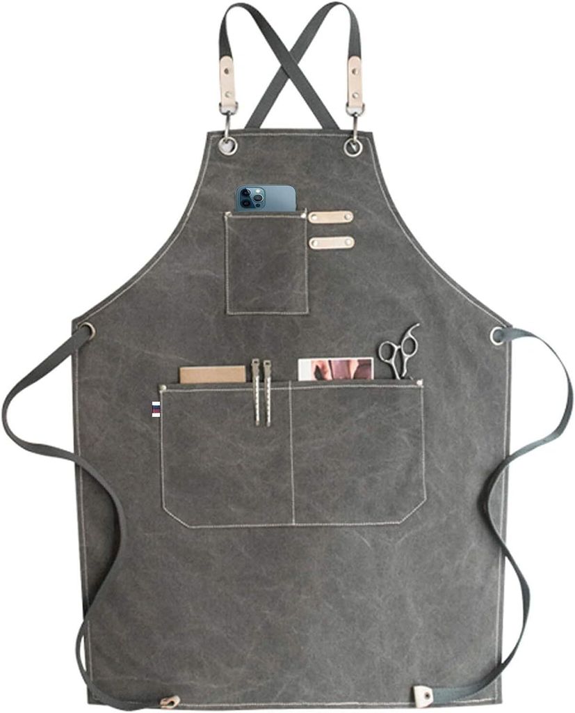 Canvas Schürze Herren Damen - Denim Kochschürze mit Taschen - Grillschürze für Männer und Frauen - Lange Schürzen für Kochen arbeits Backen-...