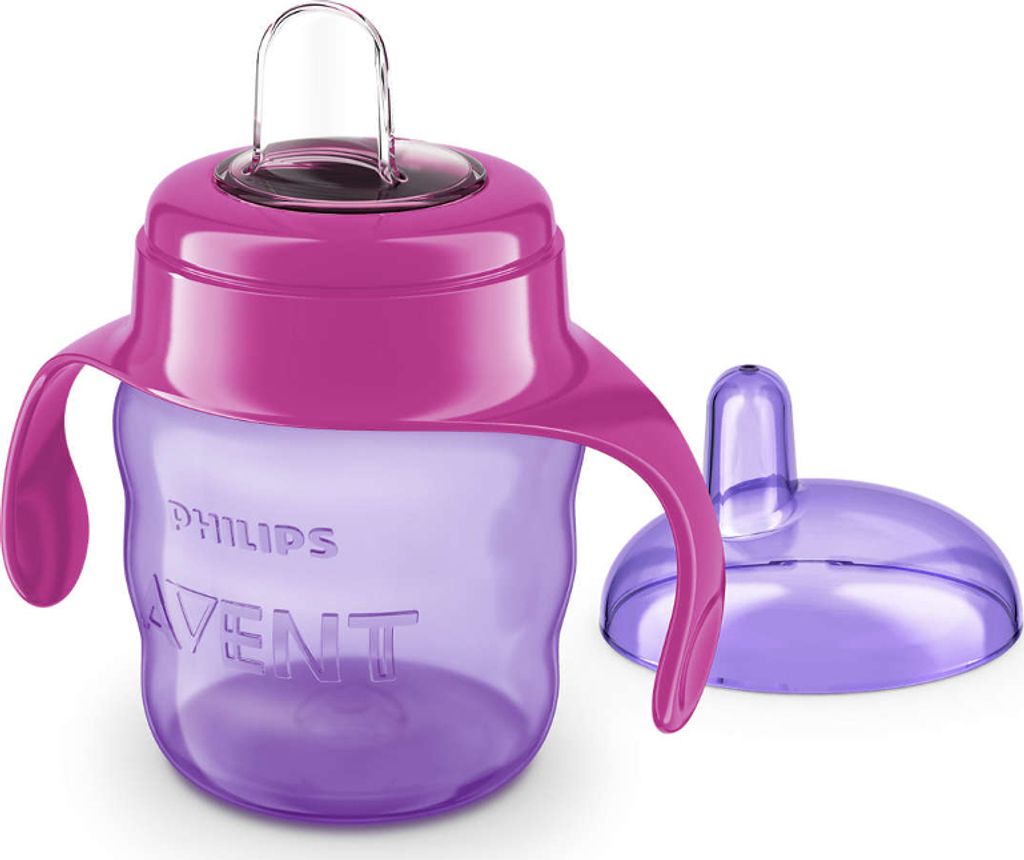 A baby's sippy cup with handles and a separate lid.
