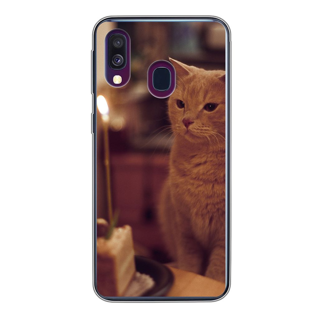 MuchoWow Handyhülle Schutzhülle Hülle für Samsung Galaxy A40 Katze - Geburtstag - Kerze Silikon Softcase Handy Hülle - Handy-Tasche
