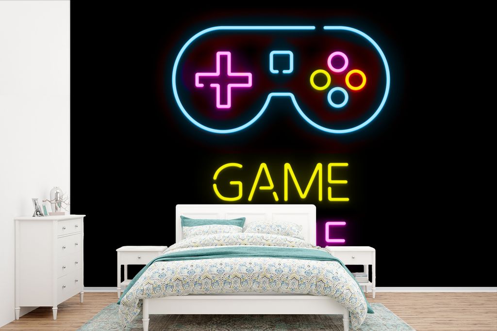 MuchoWow Fototapete für Wohnzimmer oder Schlafzimmer Wandtapete Vinyl Motivtapete Controller - Spiel - Neon - Schwarz - Zitate - Spielzone - 330...