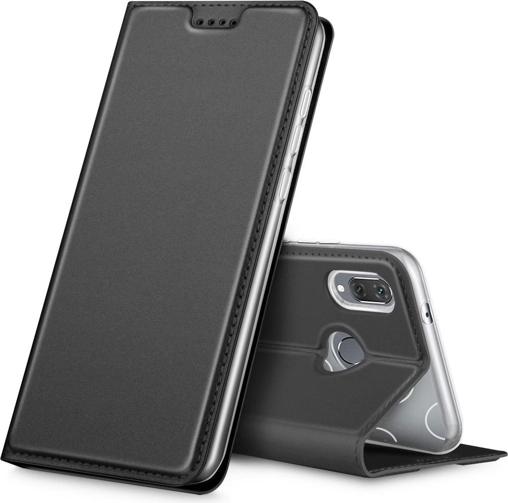 A black flip case for a Huawei P20 Lite phone is shown in a studio setting.