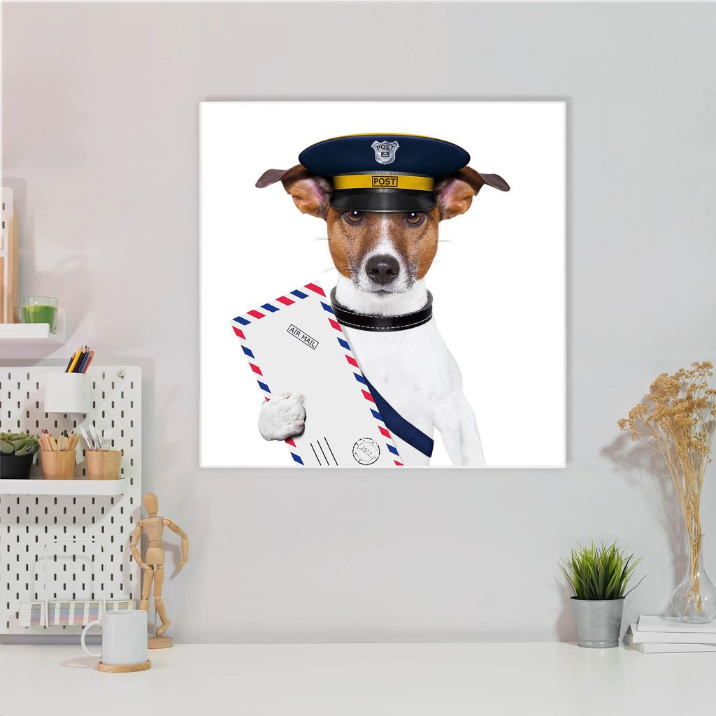 Design Stahlmagnettafel Quadratisch 50x50cm Postbote Jack Russel