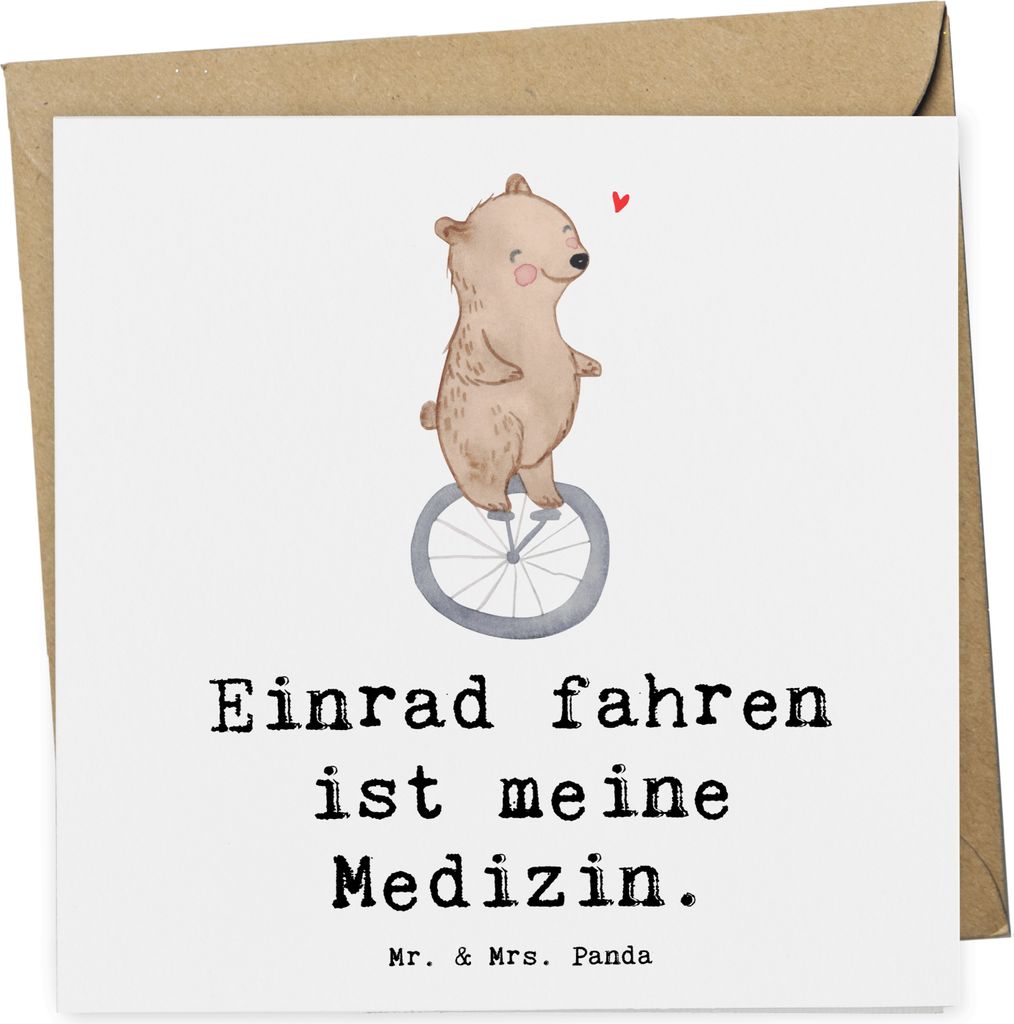 Mr. & Mrs. Panda Grußkarte Bär Einrad fahren - Weiß - Geschenk, Glückwunschkarte, faltkarte, anlasskarte, Sport, Klappkarte, doppelkarte