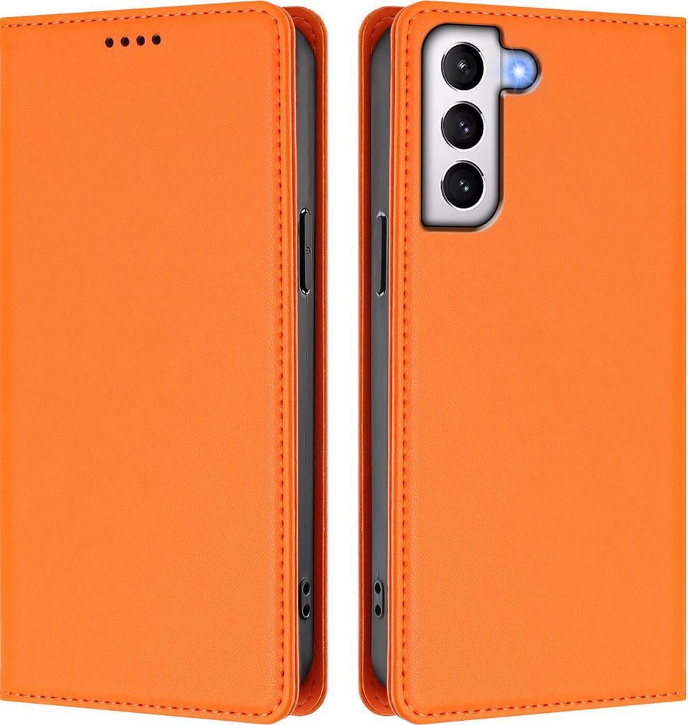 A product image showing an orange flip case for a Samsung Galaxy S21 5G phone, displayed from two angles.