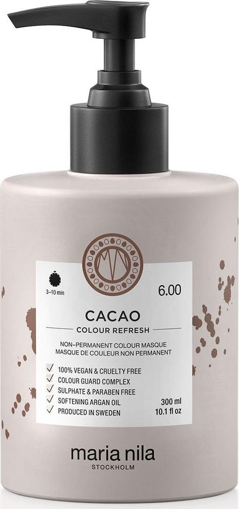 A bottle of Maria Nila Cacao Colour Refresh hair mask with a pump dispenser.