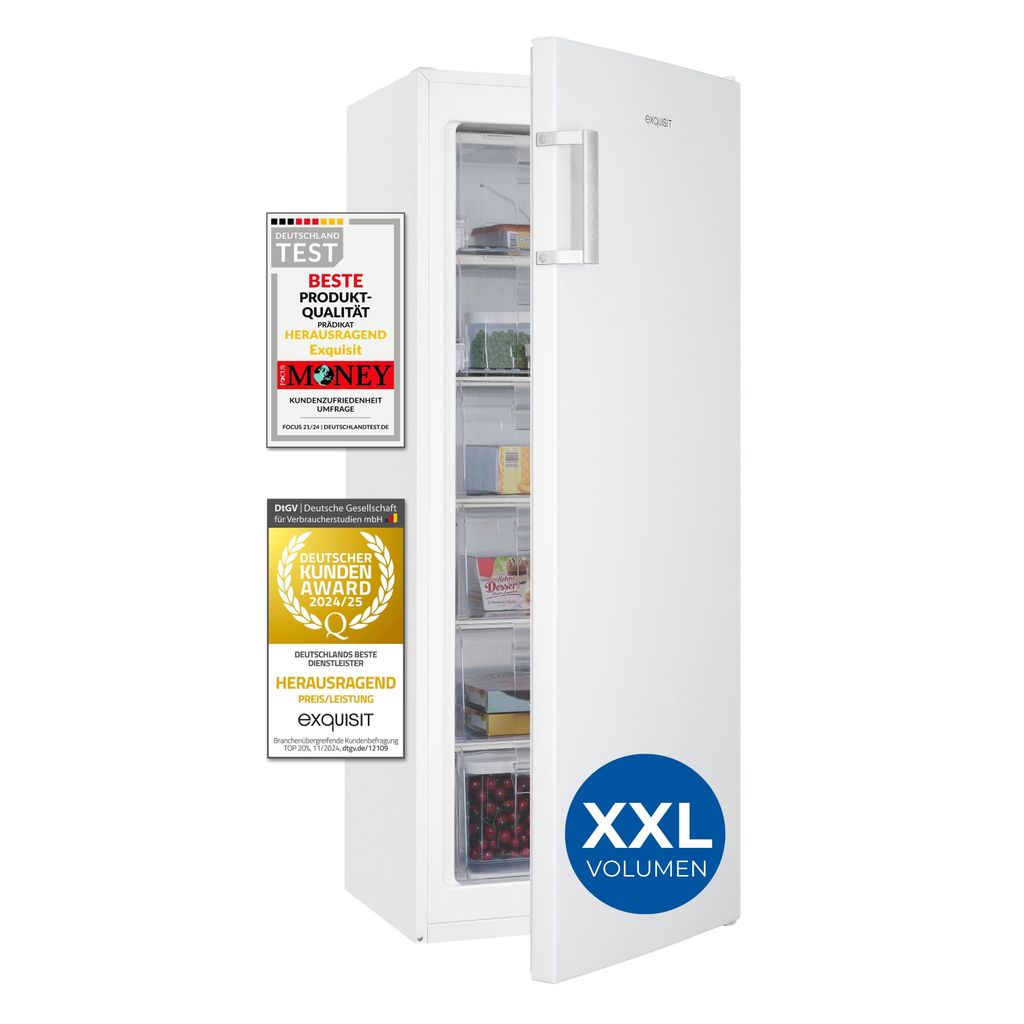 A white upright freezer with its door open, showing the interior compartments and shelves. Several award badges are attached to the left side of the freezer door. A large blue circle with text is on the lower right of the freezer door.