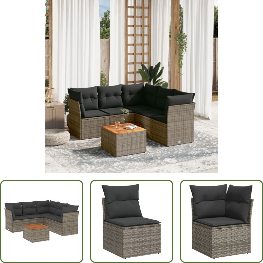 The Living Store 6-tlg. Garten-Sofagarnitur mit Kissen Grau Poly Rattan