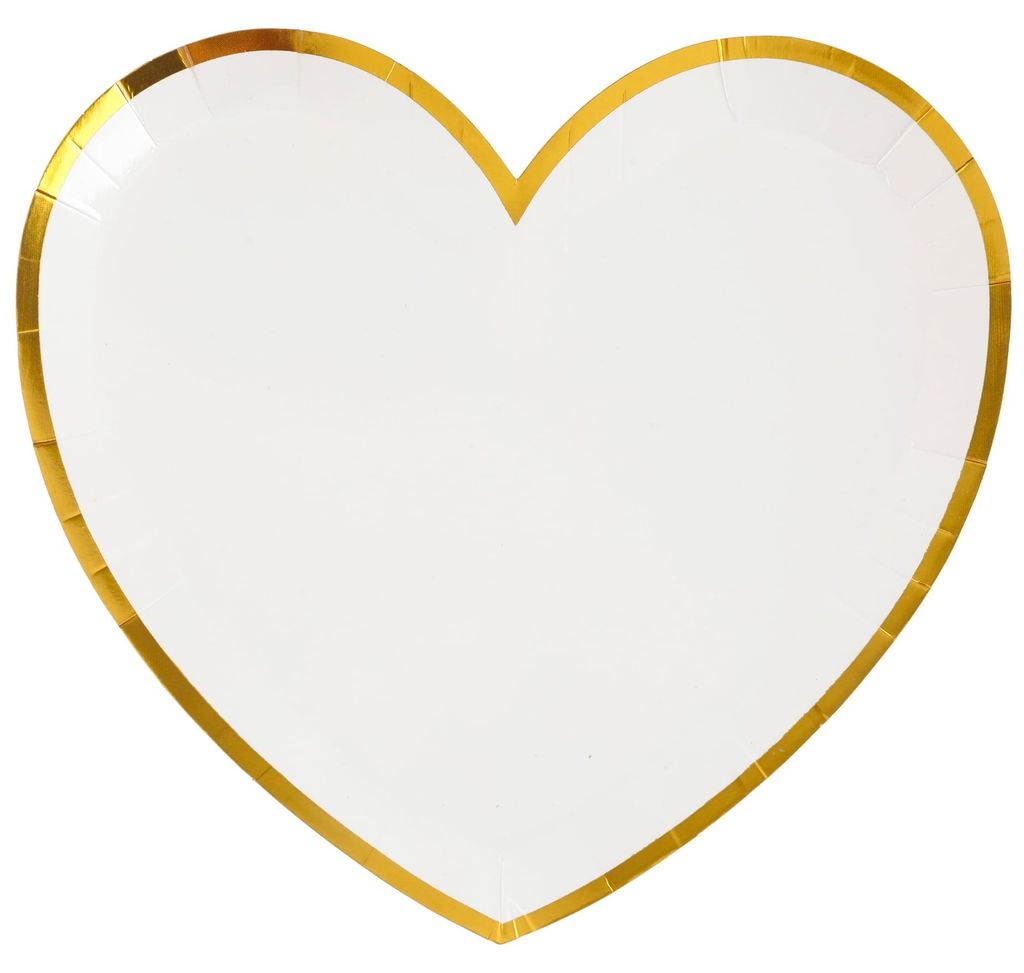 10 Pappteller Herz weiß und gold 22,5 x 20 cm für Taufe und Produktbild 