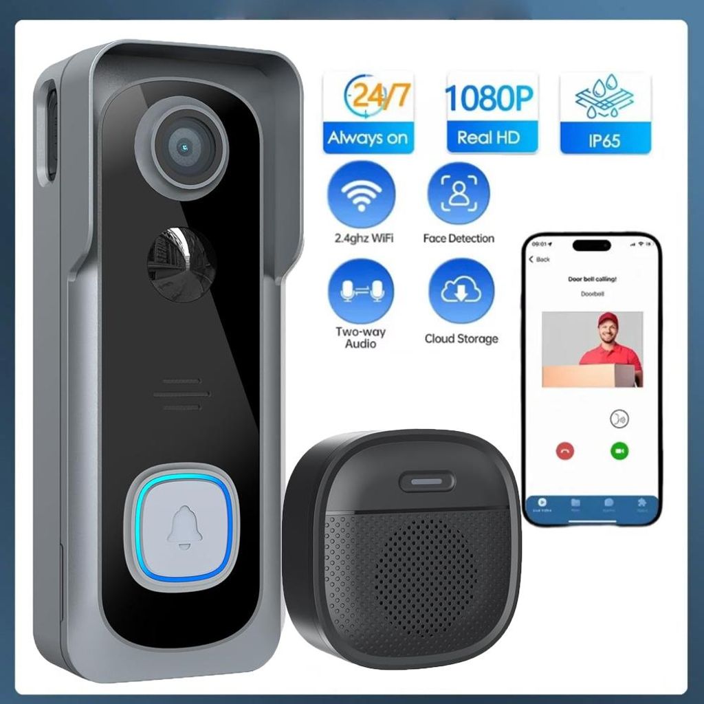 Akku-Videotürklingel mit Kamera, 2K FHD WLAN Battery Video Doorbell, IP65 Wetterfest, Nachtsicht