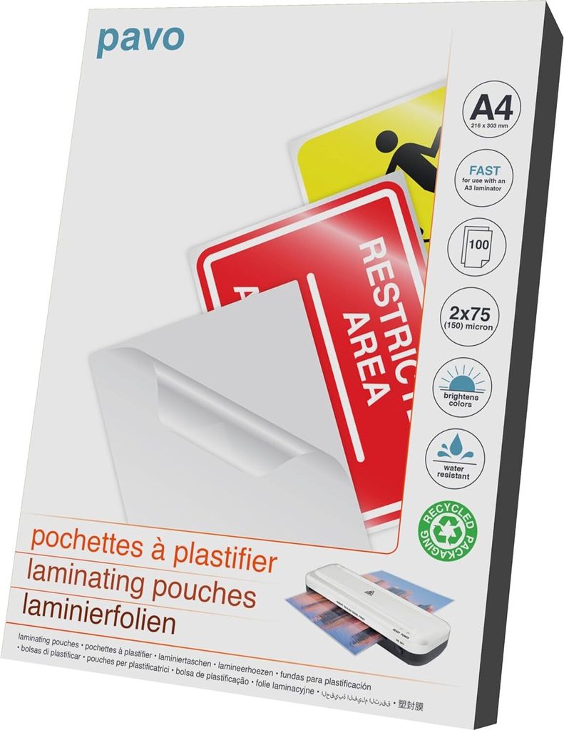 100x PAVO EXPRESS-Laminierfolien A4, 216 x 303mm, 2x 75/80 mic