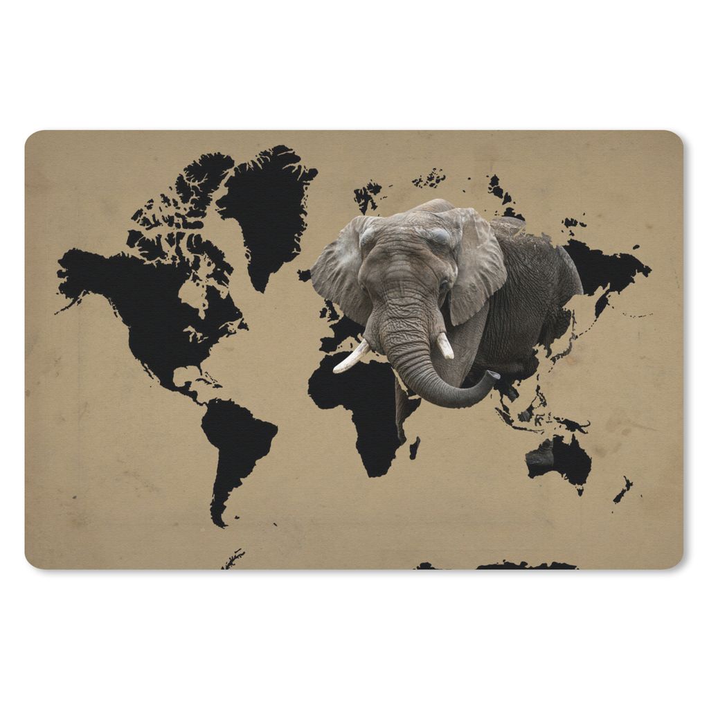 MuchoWow Schreibtischunterlage Weltkarte - Schwarz - Elefant 60x40 cm - XXL Mauspad - Großes Mauspad