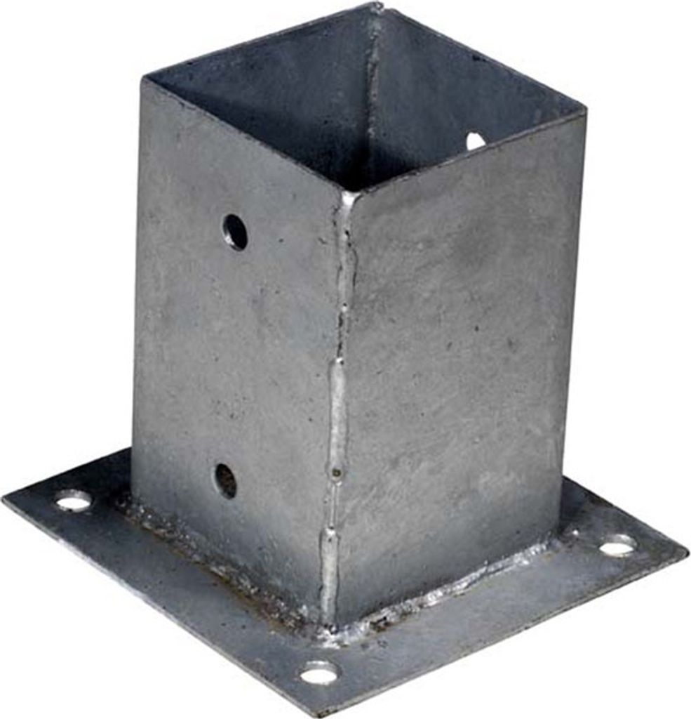 A galvanized steel post anchor with a square base and a hollow square top, shown against a white background.