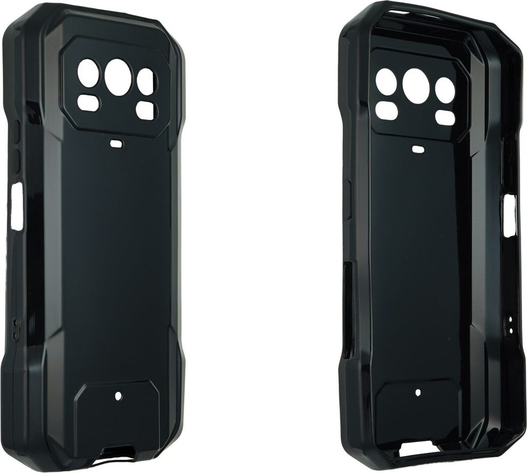 Two black phone cases shown from the back, side-by-side against a white background.
