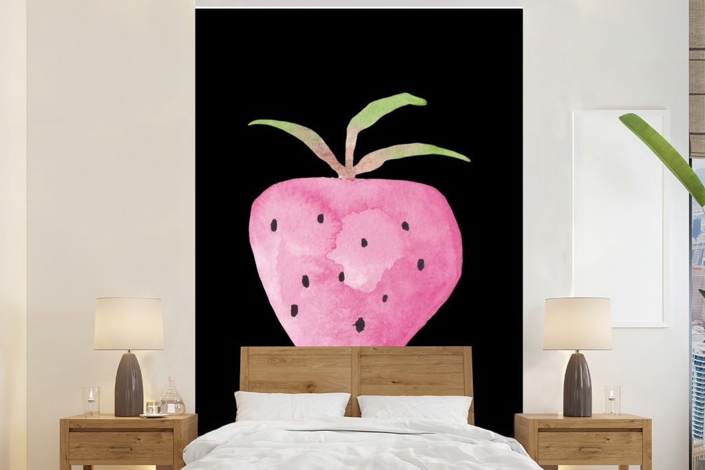MuchoWow Fototapete für Wohnzimmer oder Schlafzimmer Wandtapete Vinyl Motivtapete Erdbeere - Aquarell - Rosa - Schwarz - 160x240 cm - Vinyltapete