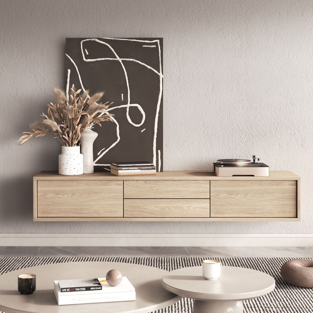 Masseno TV-Schrank LIVIA 180 cm Fernsehschrank mit 2 Schubladen und 2 Türen TV-Lowboard für Wohnzimmer Modern 180x37x32 cm Eichefarben / Eichefarben