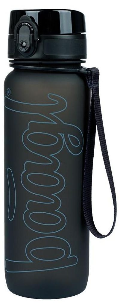 A black water bottle with a gray logo on a white background.