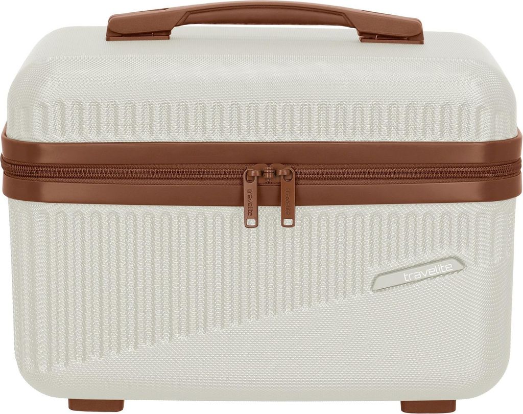A white and brown beauty case is shown against a white background.
