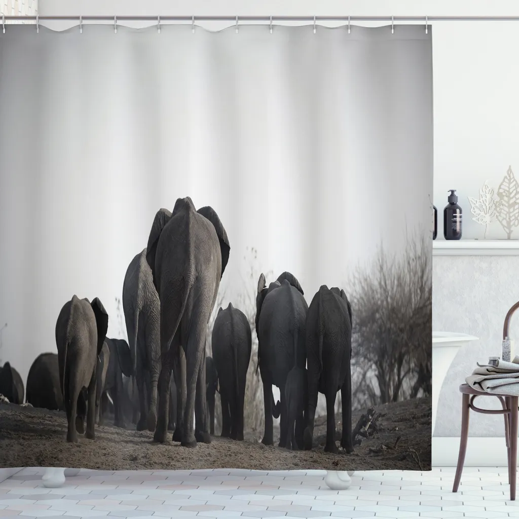 ABAKUHAUS Tenda da doccia Elefante, Safari nella fauna tropicale, Stampa digitale moderna con 12 ganci su tessuto resistente all'acqua e ai batteri, 175 x 180 cm, grigio