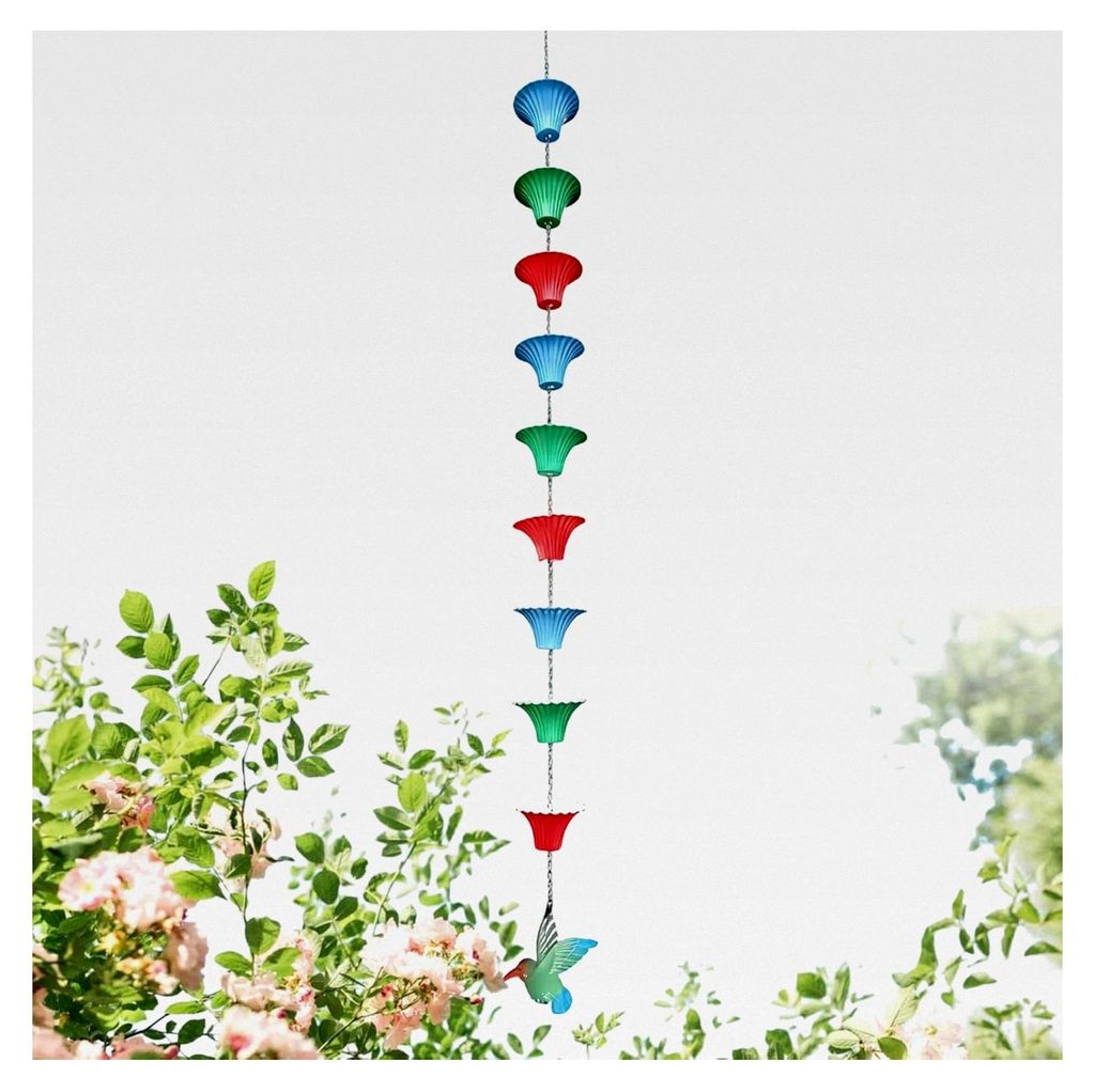 Regenketten, 119 cm Rostschutz Verlängerung - mit 8 Bechern Kolibri-Design für Garten, Outdoor, Pavillon, Terrasse, Dach, Vordach, Fallrohr