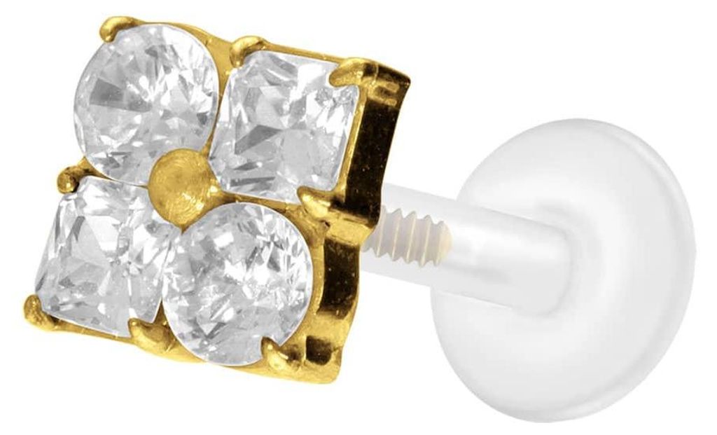 Ohrpiercing, Nasenpiercing PTFE Labret mit Innengewinde + Titan-Aufsatz KRISTALLBLUME Gold Stablänge: 7mm | Stabstärke: 1,2mm