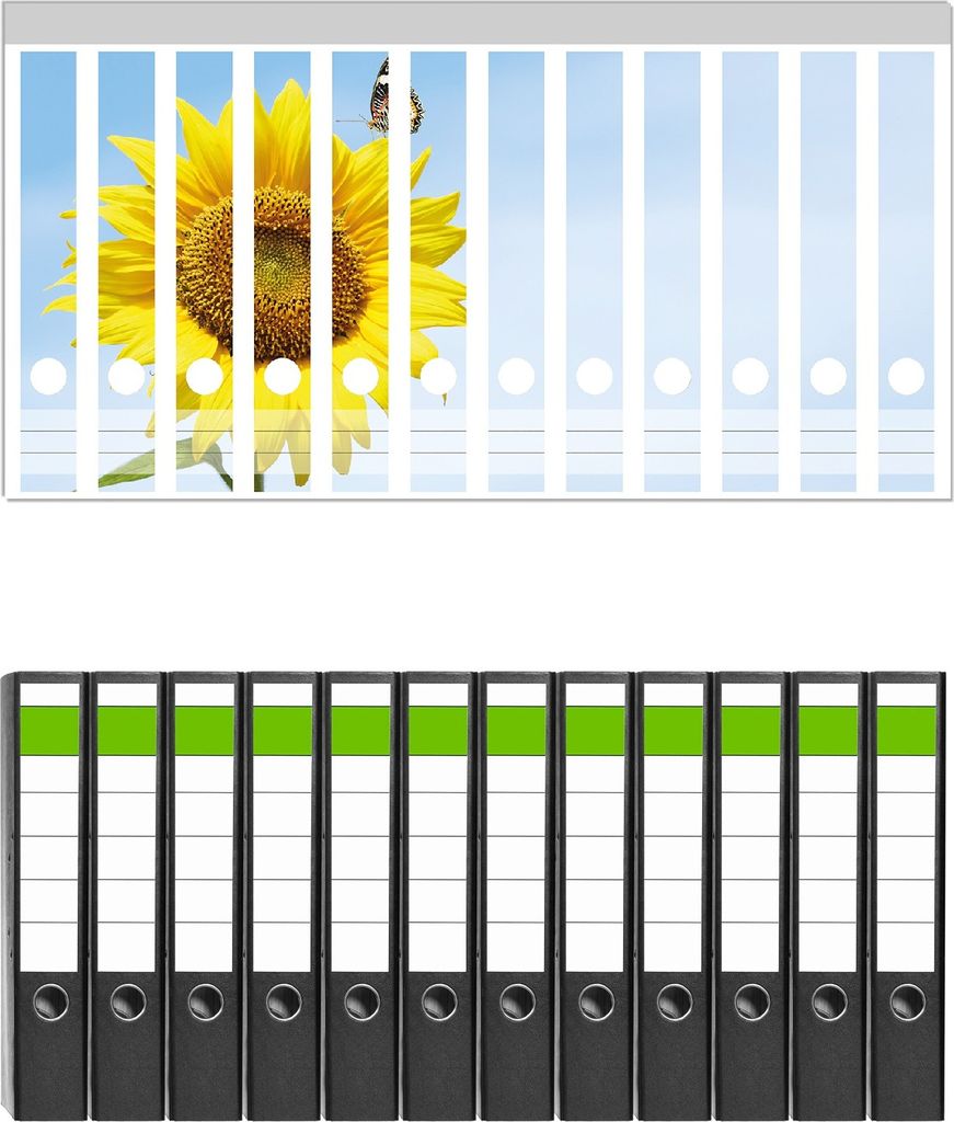 Wallario 12 Stück schmale Ordner inkl. Klebeetiketten mit Motive Sonnenblume mit Schmetterling - Set mit Rückenschildern / Ordnerrücken Stickern