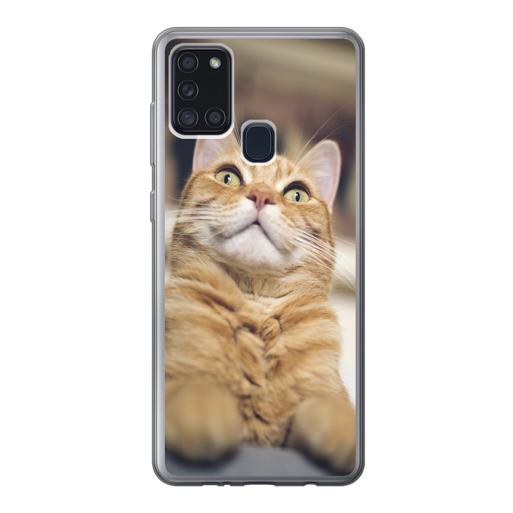 MuchoWow Handyhülle Schutzhülle Hülle für Samsung Galaxy A21s Katze - Bank - Orange Silikon Softcase Handy Hülle - Hartschale