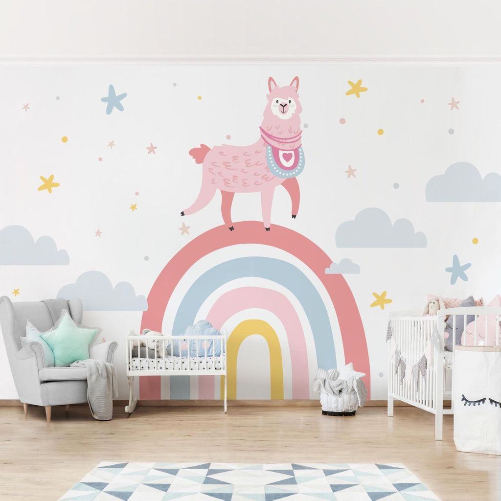 Fototapete Tiere - Vliestapete - Bildtapete UV-beständig Regenbogen bunt Illustration Wandtapete geruchsfrei