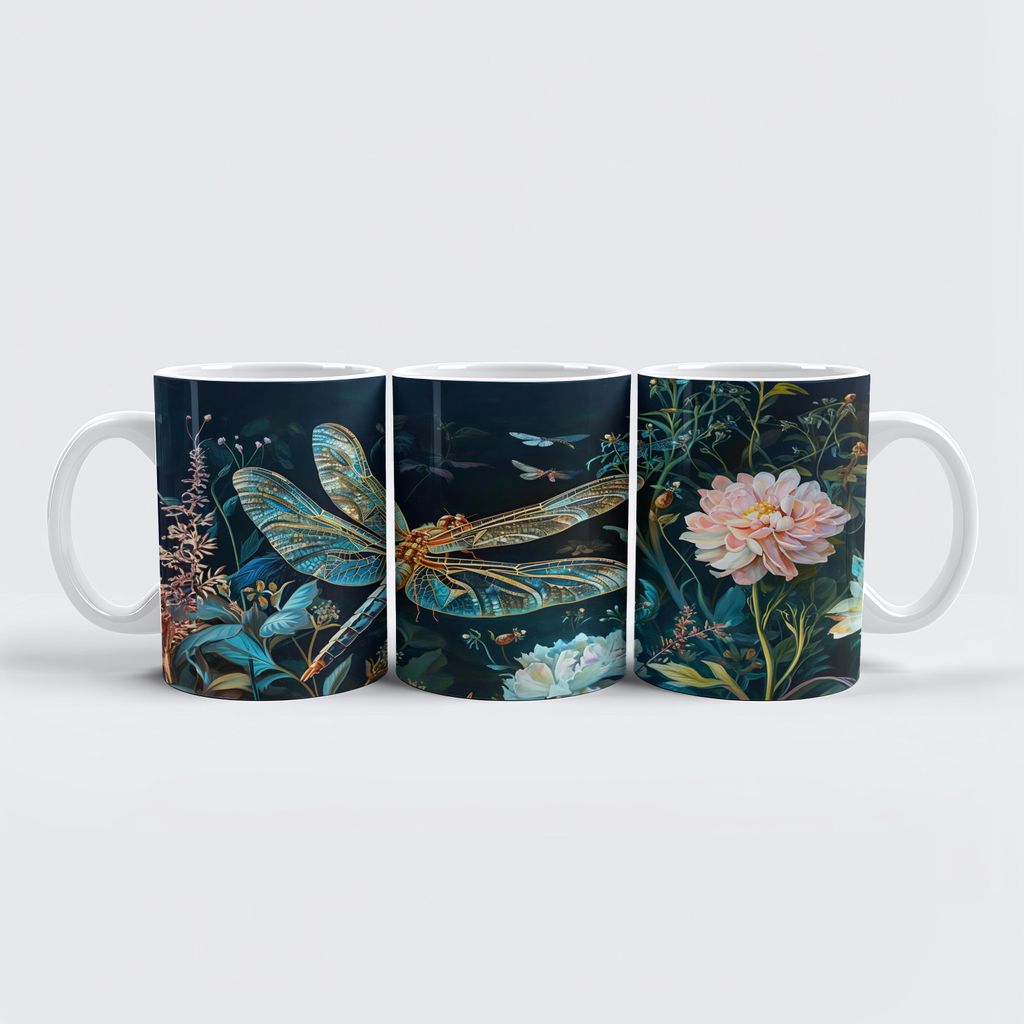 raxxa Premium-Tasse "Dragonfly at Night in a Garden with Peonies and Grasses Illustration"