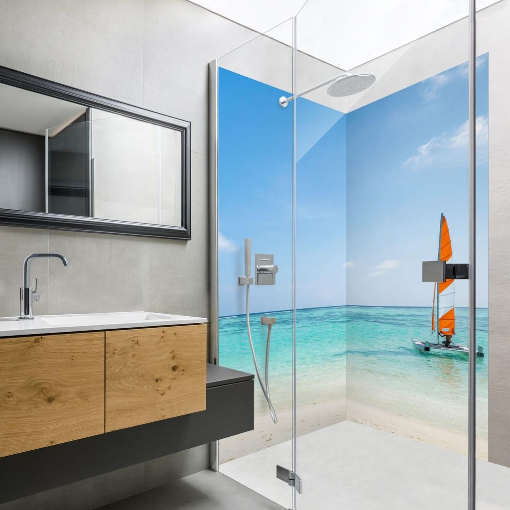 Duschrückwand Strand selbstklebend - 0.35 mm Wandpaneel wasserfest Karibik türkis Tropisch Badrückwand fugenlos Smart matt 90x210 cm