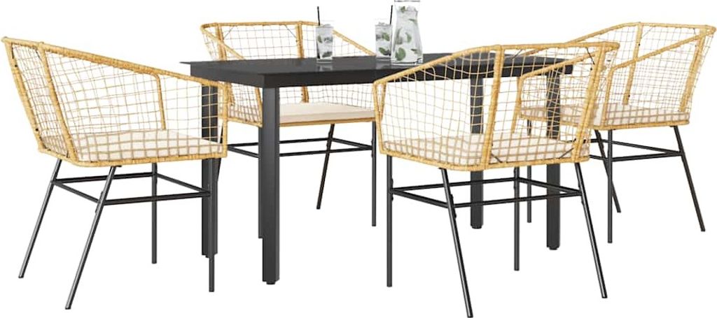 Möbel 5-tlg. Garten-Essgruppe mit Kissen Braun Poly Rattan Glas - Sitzgruppe 3334606