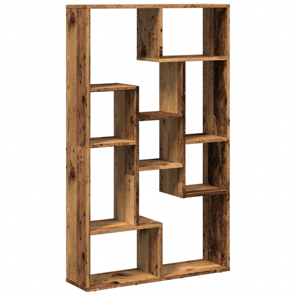 A wooden bookshelf with an antique wood finish.