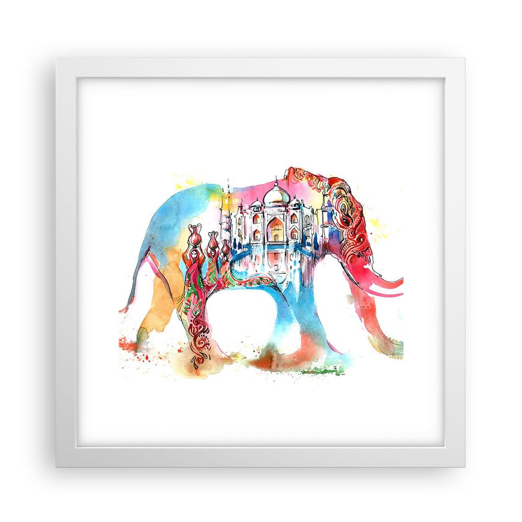 Gerahmtes Poster - Weißer Rahmen - Elefant Indien ethnisch Kultur - 30x30 cm - Wand Bild - Wanddeko - Wandbilder - Wandposter - Bilderrahmen - Bil...