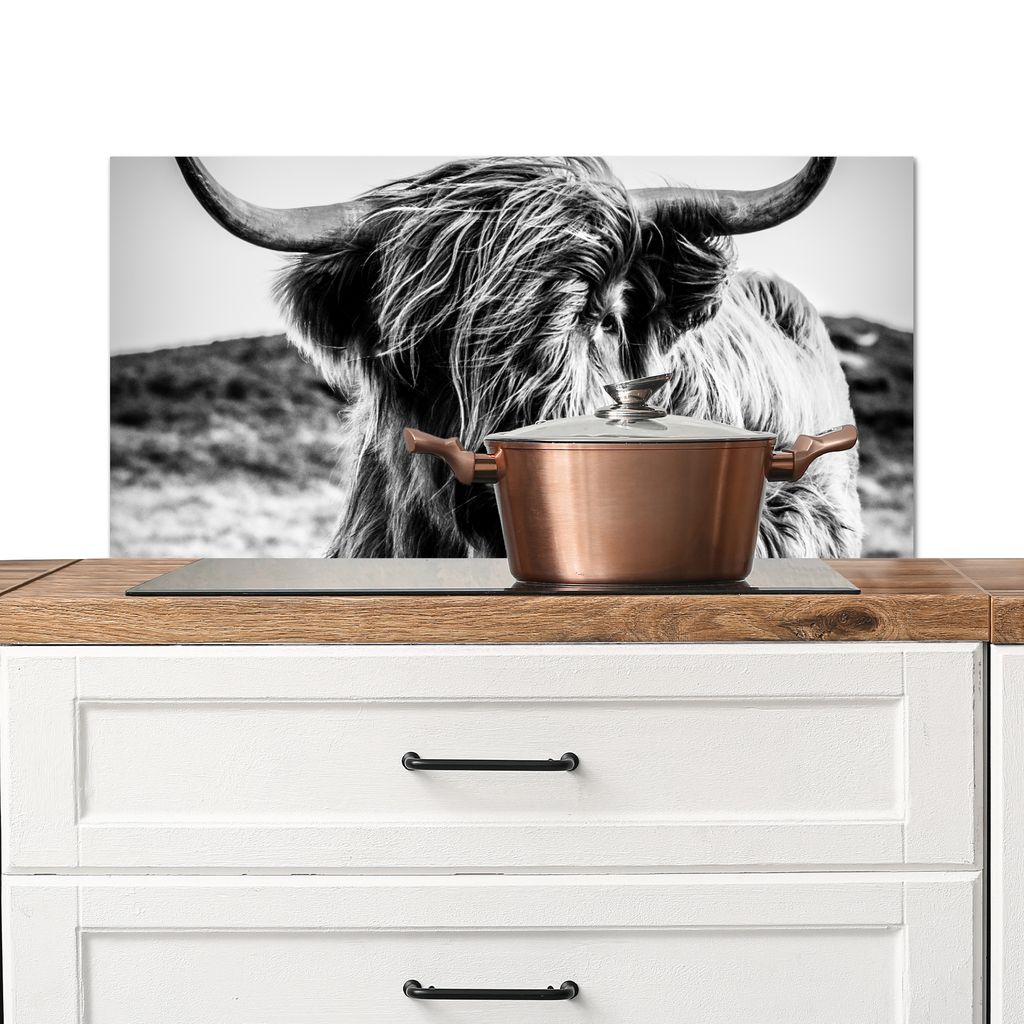 KitchenYeah Spritzschutz Küche - Küchenrückwand - Wandschutz für Herd und Spüle - Schottisches Hochlandrind - Natur - Kuh - Schwarz - Weiß ...