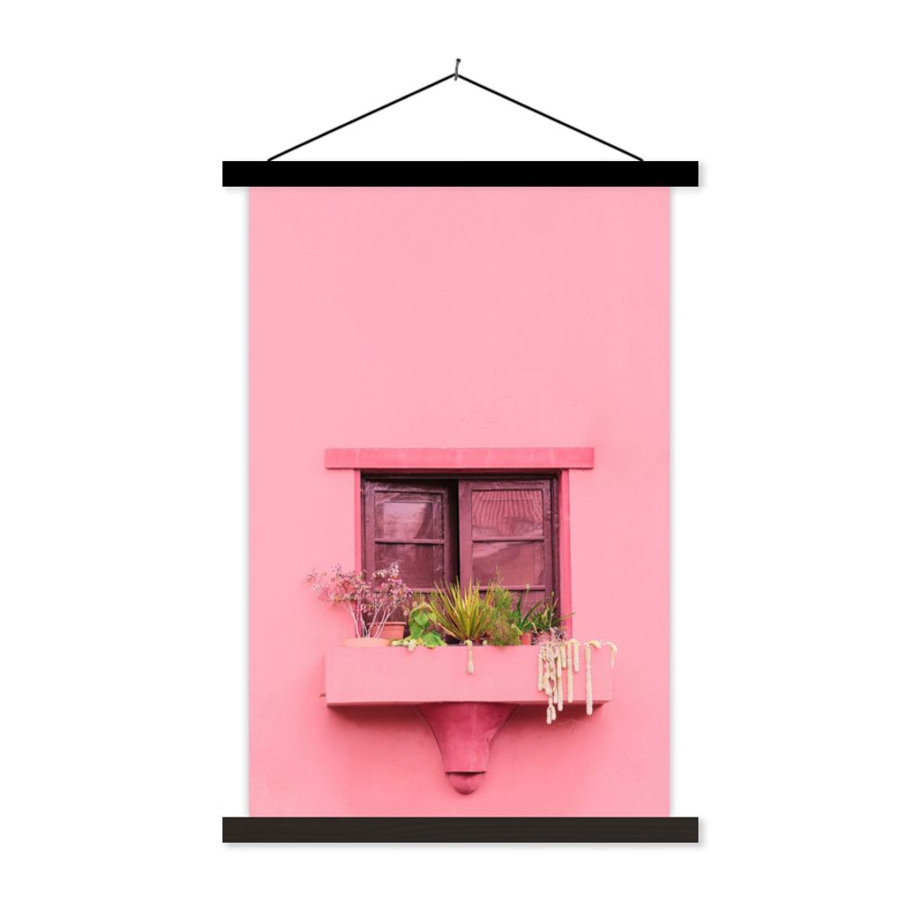 MuchoWow Textilposter Fenster - Pflanzen - Rosa - Pflanzgefäß 120x180 cm mit schwarzem Rahmen - Fotos