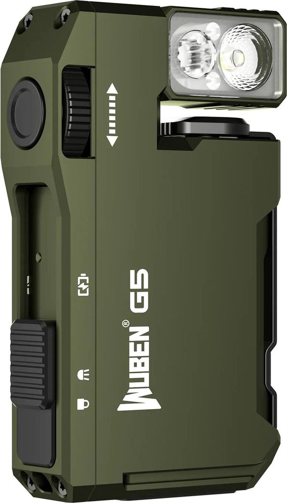 A close-up, angled view of a green WUBEN G5 LED flashlight.