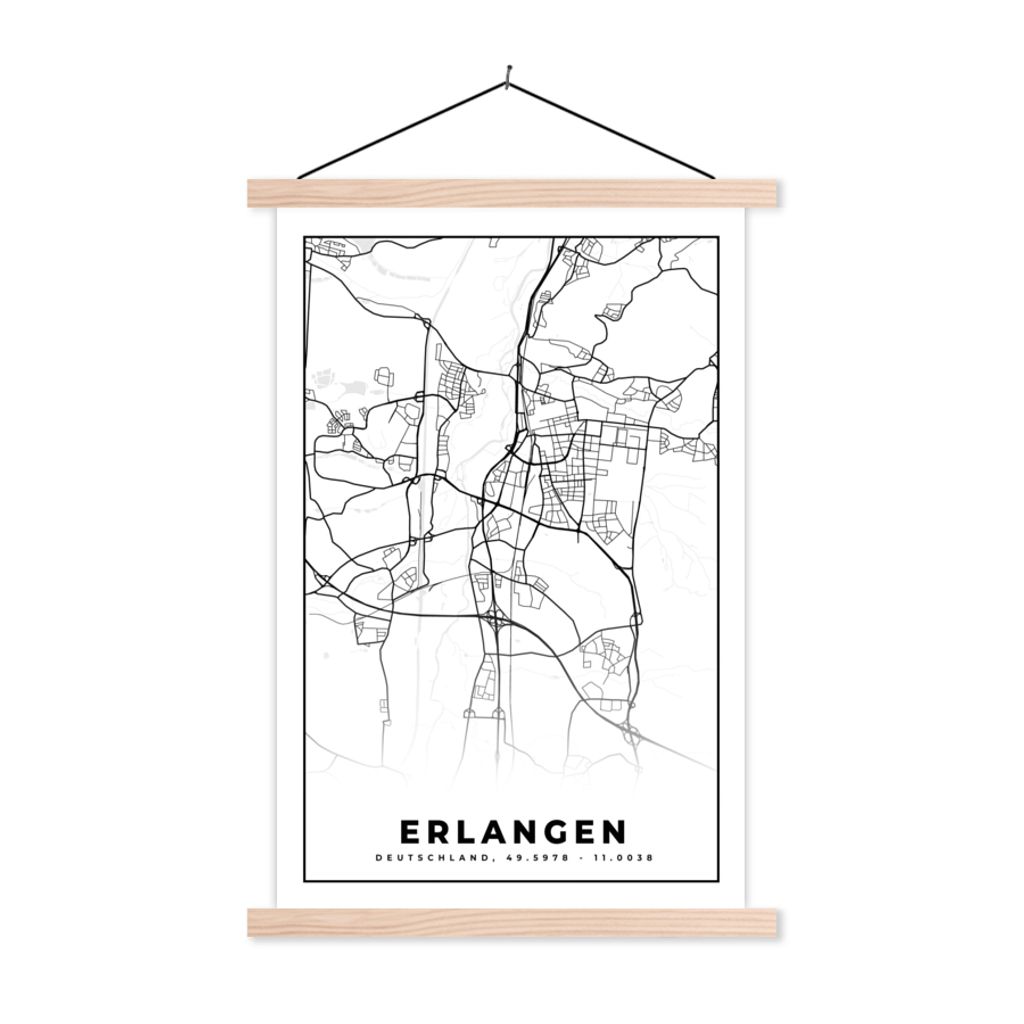 MuchoWow Textilposter Karte - Erlangen - Stadtplan 40x60 cm mit holzfarbenen Rahmen - Poster