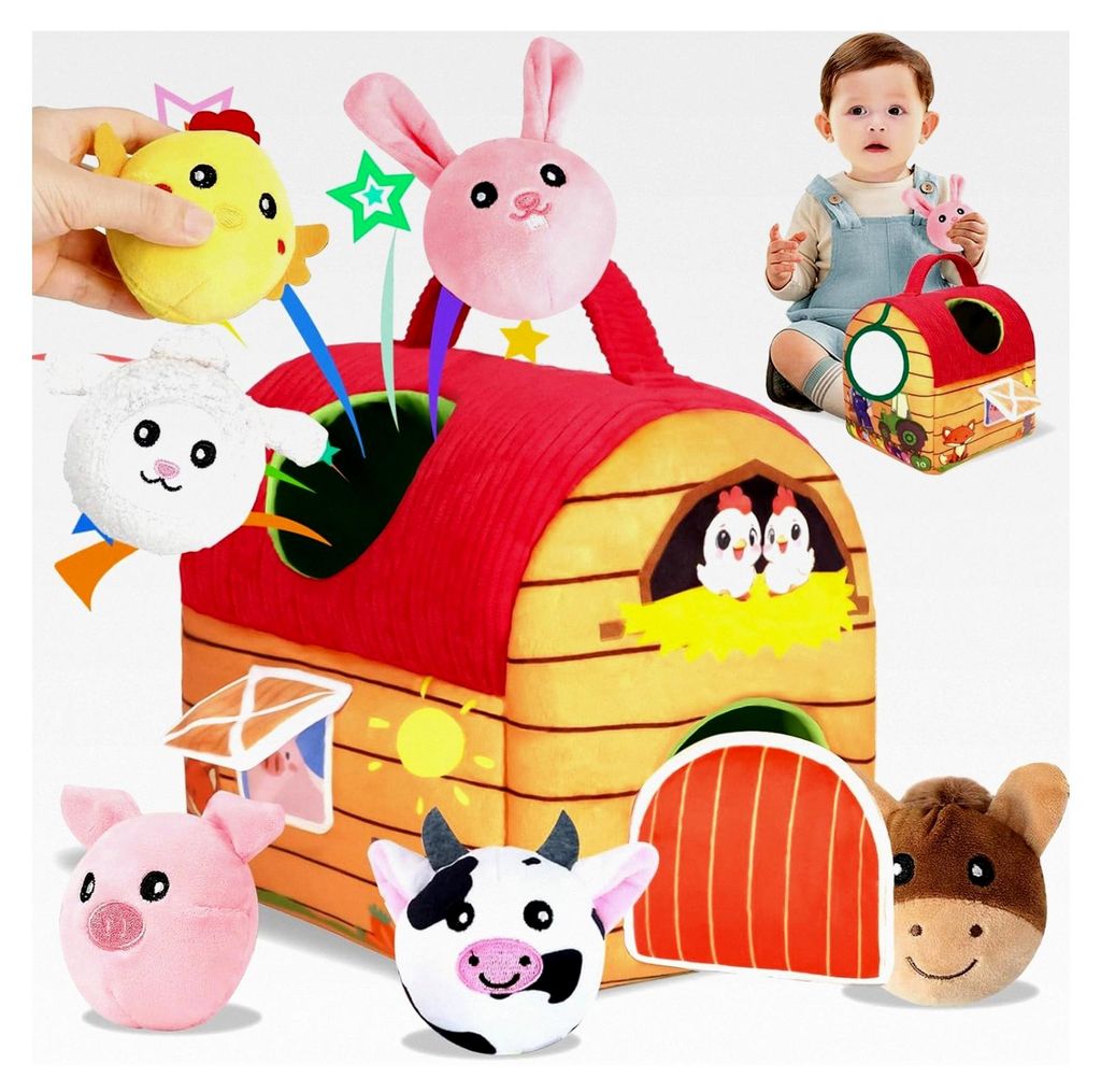 Bauernhof-Spielzeug für Babys von 6 bis 12 Monaten, mit Kuscheltieren und Spiegel, Geschenk für Jungen und Mädchen