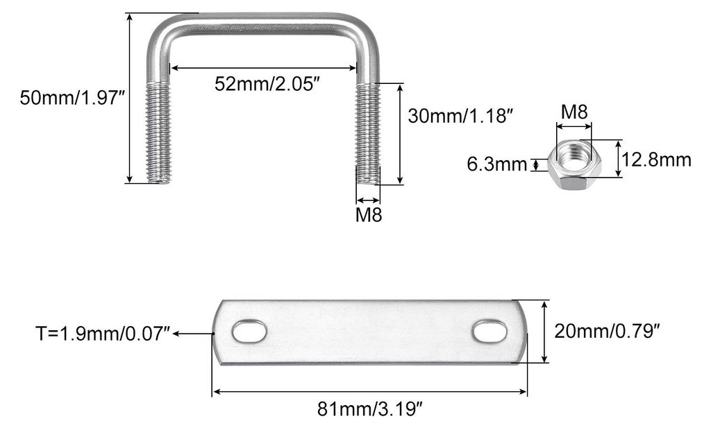 U Bš¹gel 1 Stš¹ck U-Bolzen M8 x 52mm x 50mm Quadratische Bš¹gelschraube 304 Edelstahl U-Bolts mit Mutter Platte Bš¹gelschelle Zaunbefestigu...