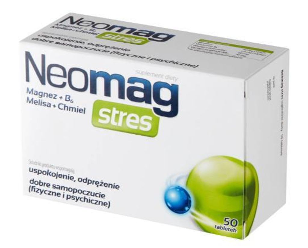 A product shot of a box of Neomag Stress tablets.